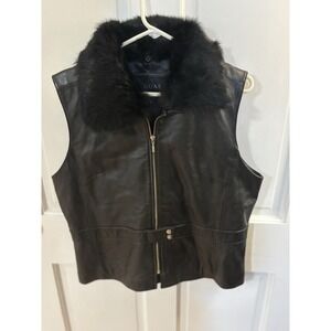 Saguaro 100% Leather Vest Black Zip Up Rabbit Fur Collar #96512 XL